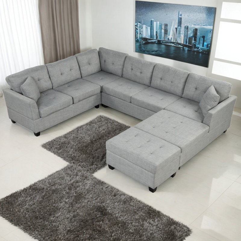 Canapé modulaire en U avec repose-pieds Jessaca, Lin gris