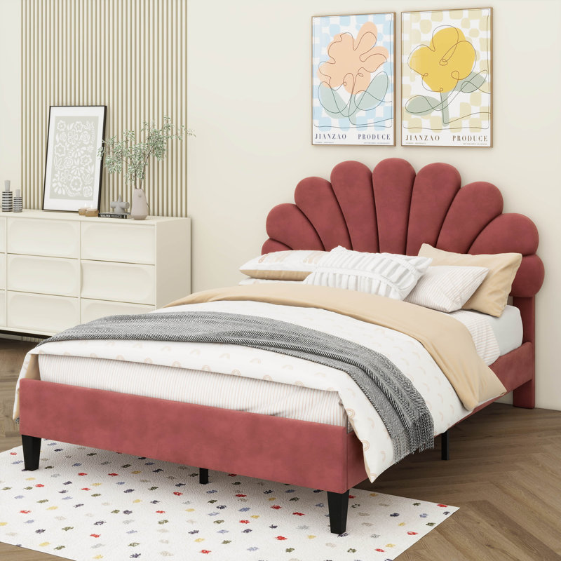 Tayveion Upholstered Platform Bed with Floral Velvet Headboard, Queen, Bean Paste Red, Solid + Manufactured Wood