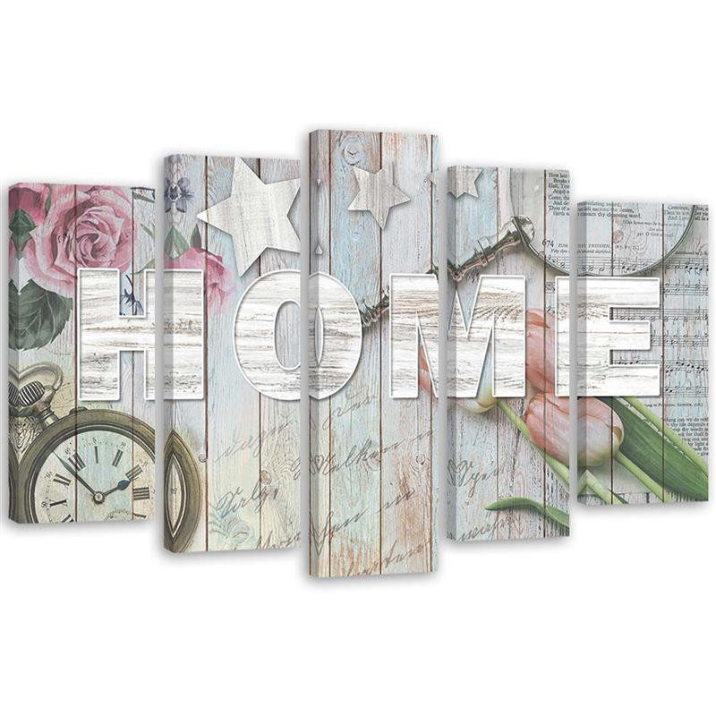 Home Wooden Inscription Flowers - 5 Piece No Frame Print on Canvas, 100cm H x 200cm W