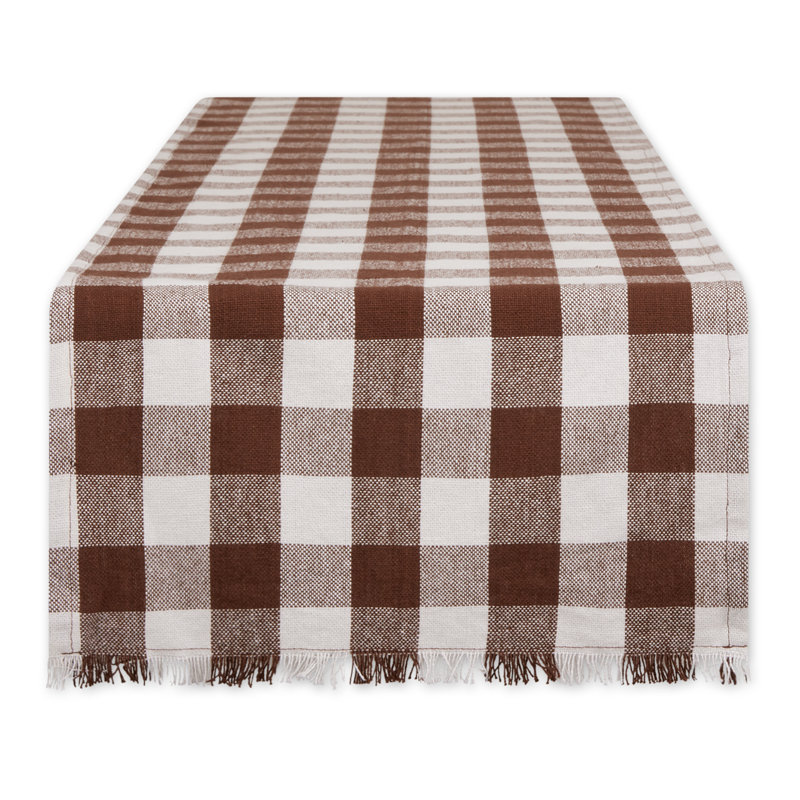 PALE MAUVE HEAVYWEIGHT CHECK FRINGED TABLE RUNNER 14X72, Brown, 108" L x 14" W