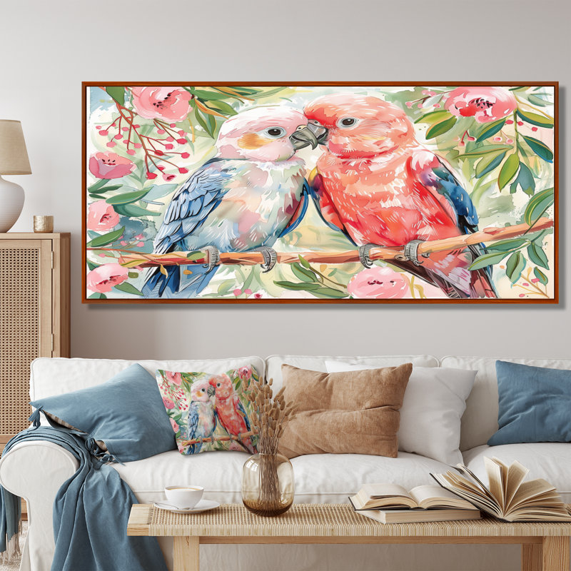 Reproduction d'art perroquet rose et vert Love Birds II, Cadre flottant brun, H 28 po x l 60 po