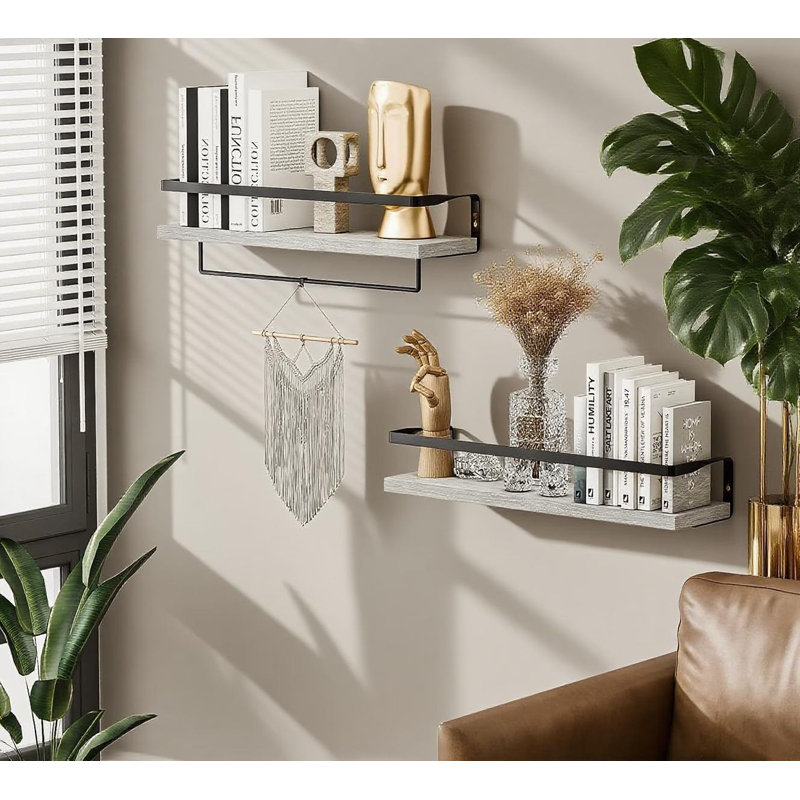 Tablettes flottantes avec barre à serviettes, tablettes de rangement murales pour la salle de bain, cuisine, chambre à coucher, avec cadre en métal, ensemble de 2