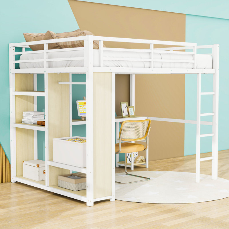 Metal Loft Bed with Wardrobe and Desk, White Woodgrain, Queen
