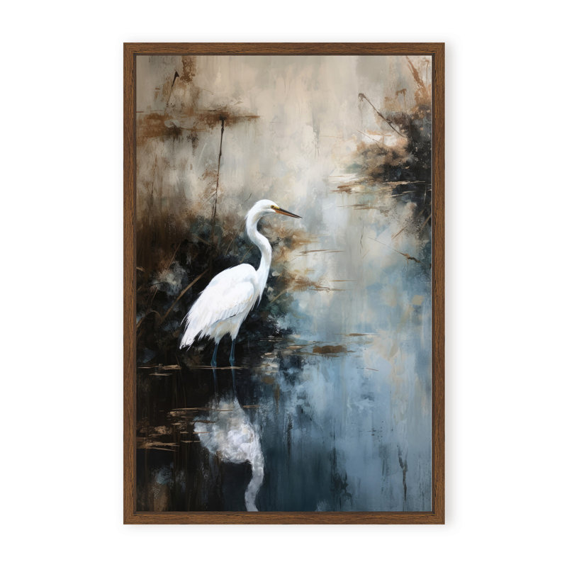 Nature Inspired Egret In Lake, 30" H x 24" W x 1.125" D, Brown, Framed Print