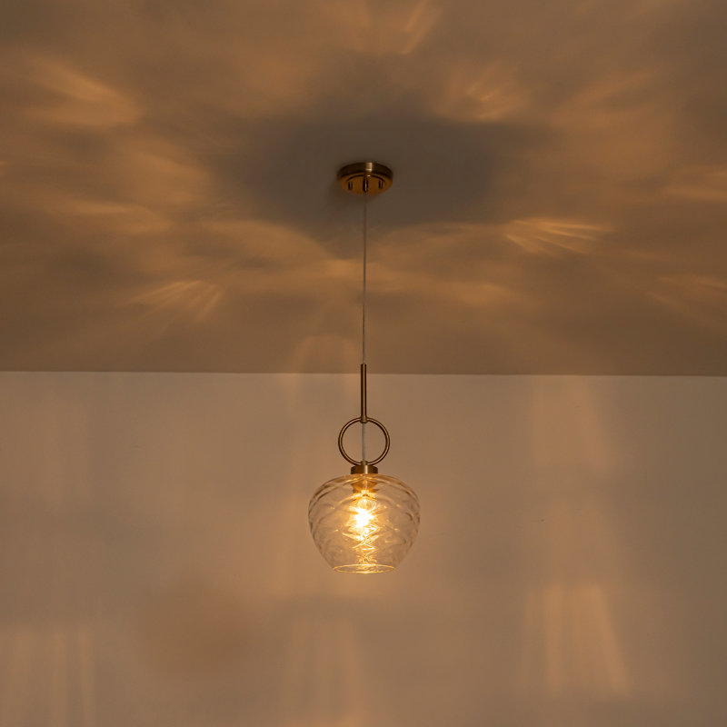9" Modern Brushed Brass Mini Pendant Light with Hand-Blown Textured Glass Globe Shade, Adjustable Height 19.5"-97.5" for Kitchen Island Bedroom Dining Room