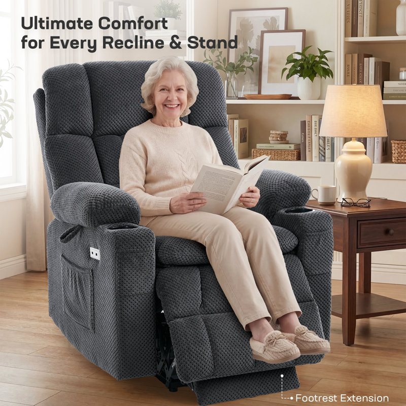 Dual Motor Power Lift Chair Recliner for Elderly with Massage and Heat, Infinite Position Electric Lift Recliner with Adjustable Headrest, USB (T6015 - Plush Fabric, Dark Gray, Medium)