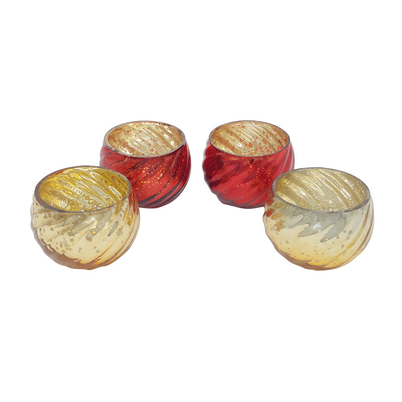 Petit porte-votive rond en verre, Rouge / doré