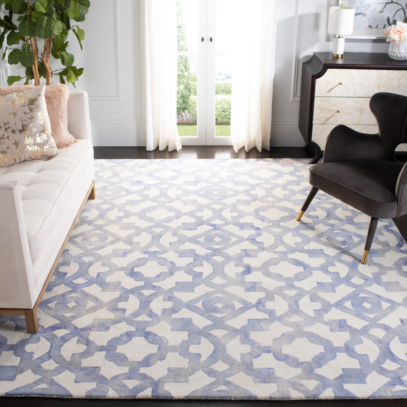 Amekia Hand Tufted Wool/Cotton Geometric Rug in Ivory/Blue, Rectangle 10' x 14'