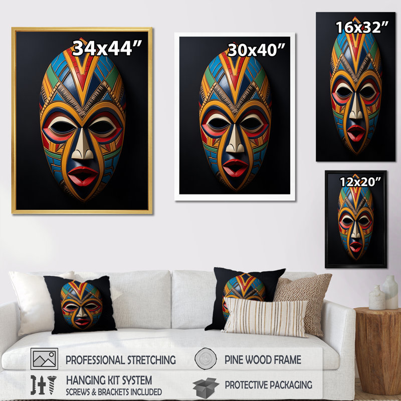 Jeilene, tribal africain, masque Akan I - art mural tribal africain, H 20 po x l 12 po x P 1 po, Toile tendue