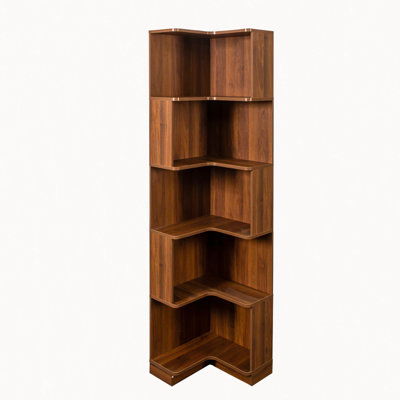 5-Tier Walnut Corner Bookshelf with L-Shaped Display Shelf and Baffle, Bookcase with LED lights for Home Office & Living Room
