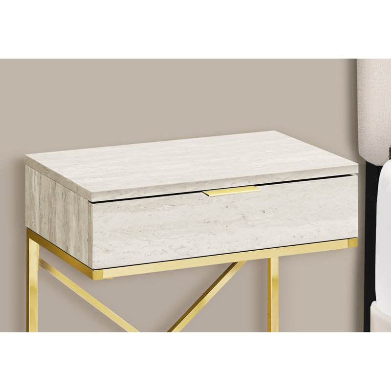Table d'appoint en marbre beige avec pieds en métal doré et tiroir de rangement, compartiment de cadre de salon contemporain, meubles