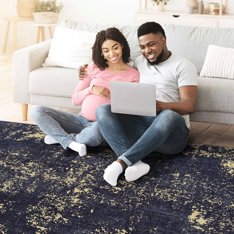 6x9 Washable Area Rug, Non-shedding, Soft. For Living Room, Bedroom, Kitchen. Non-slip, & Pet Safe. Black And Gold Machine Long-lasting. For Dining Room. Approved.