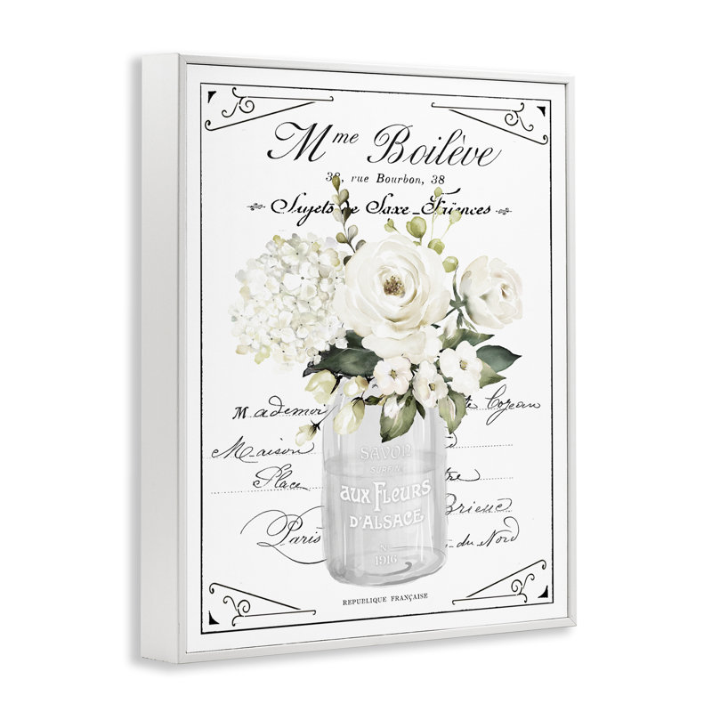 Fleurs blanches françaises et giclée Cursive encadrée, design par lettré et doublé, H 14 po x l 11 po