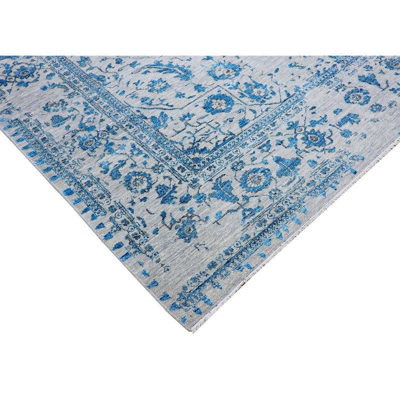 Tapis argenté et bleu clair noué à la main de haute qualité, Rectangle de 5 pi x 8 pi