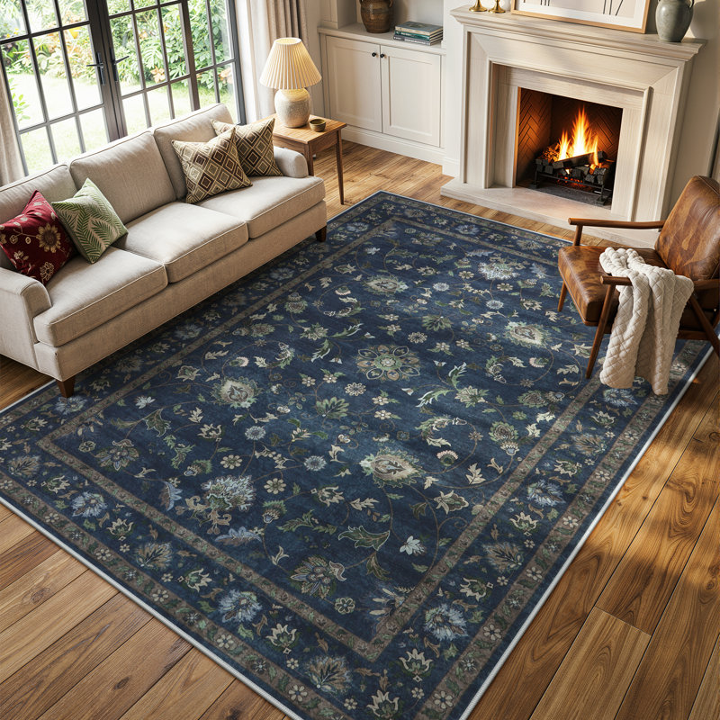 Vintage Floral Vine Washable Navy Blue 8X10 Area Rugs – Non-Slip Soft Low Pile Carpet for Living Room, Bedroom Dining Room & Entryway