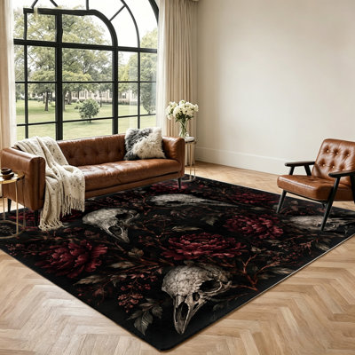 Dark Floral Skull Rug, Gothic Home Decor, Vintage Aesthetic Area, Soft Plush for Living Room, Bedroom, Dorm, Unique, Bohemian, Art,, Rugs, Bathroom
