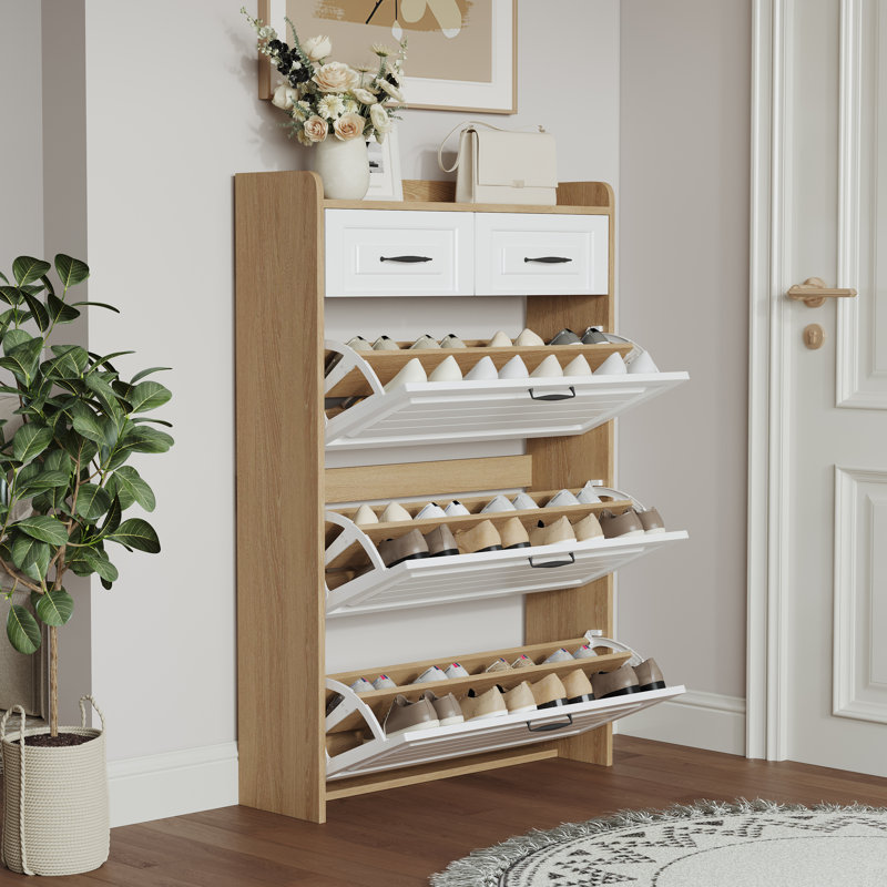 Armoire à chaussures blanche et chêne avec 3 portes et 2 tiroirs, grand espace de rangement | Idée de cadeau, Blanc / Chêne