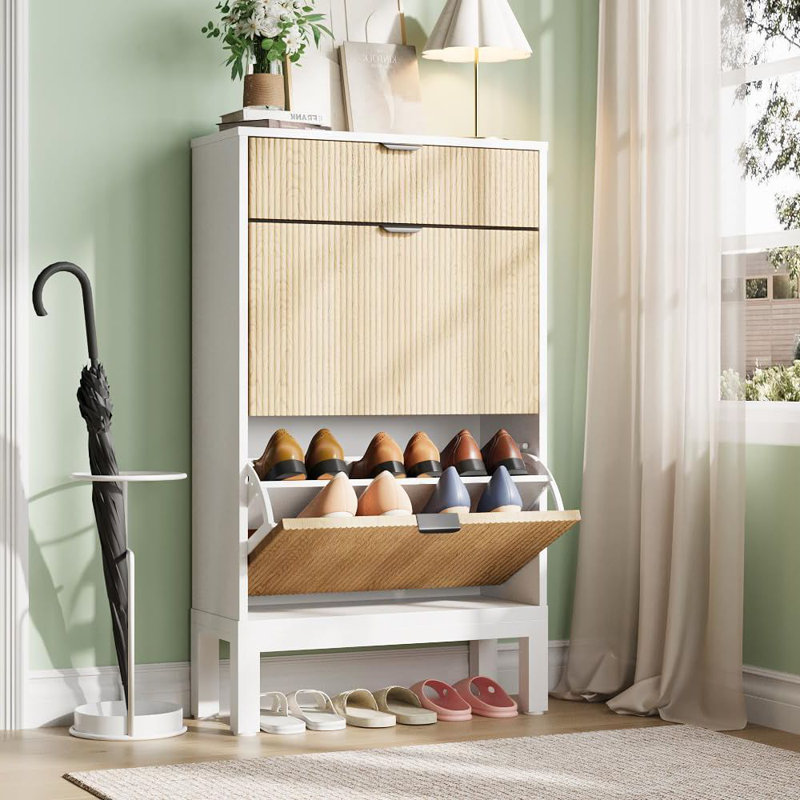 Armoire à chaussures avec 2 tiroirs rabattables, pieds en métal, Blanc / Chêne