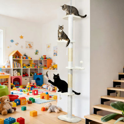 Arbre à chat avec perchoirs en forme de nuage, 88,5 po 100,5 po du sol au plafond, poteaux à griffer, molleton blanc, basculement pour plus de confort, tour de plafond pour petits animaux félins, revêtement en molleton, dispositif, idéal