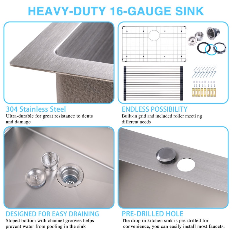 32 in. Drop-In/Undermount Single Bowl 16 Gauge 304 Stainless Steel Kitchen Sink with Accessories, Brushed Stainless Steel