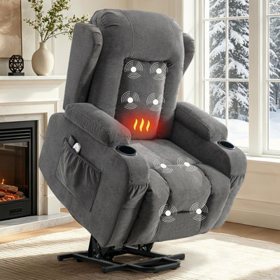 Grey Power Lift Recliner with 23-Inch Seat, 8-Point Massage and Lumbar Heat
