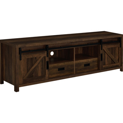 Meuble télé en bois d'ingénierie à 2 portes en pin foncé, avec portes coulissantes peu encombrantes et deux tiroirs pour meubles en bois de pin