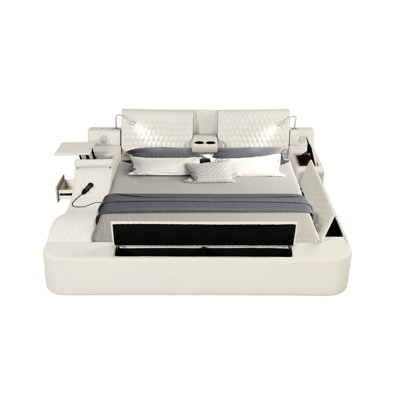 Lit double contemporain beige avec boîtes de rangement et boîte de massage à distance