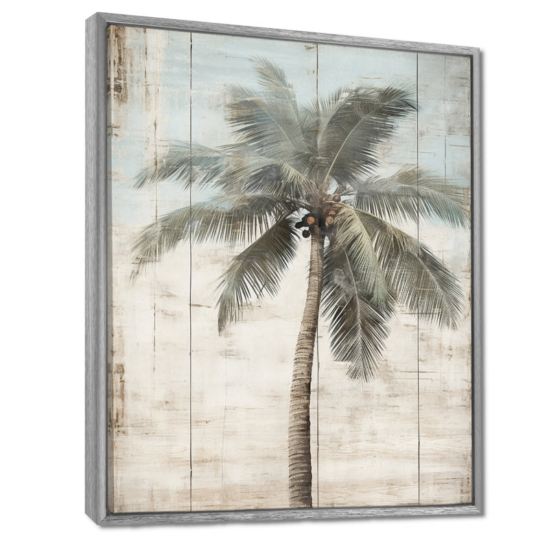 Palmier tropical dans des couleurs rétro délavées - prairie, art mural, H 20 po x l 12 po x P 1 po, Cadre argenté flottant