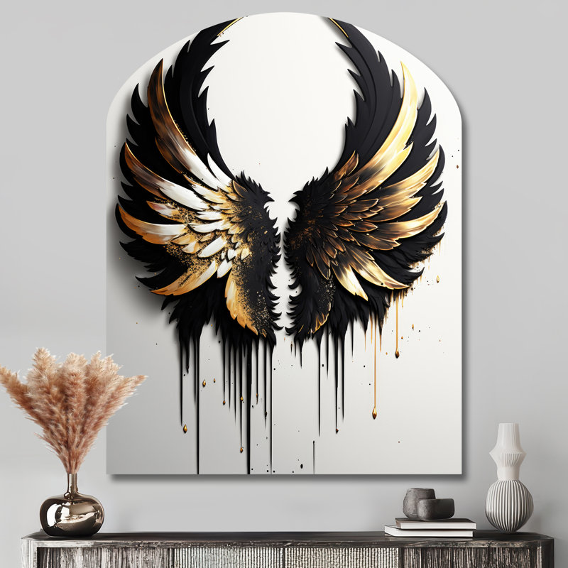 Black Silver And Gold Angel Wings III - Wings Angel Arch Shape Assymterical Metal Wall Sculpture, 43" H x 33" W