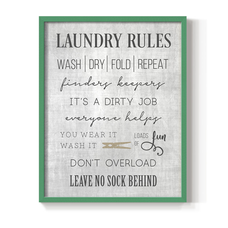 Neutral Laundry Rules Framed Print - Solid Wood, Green, 30" H x 24" W