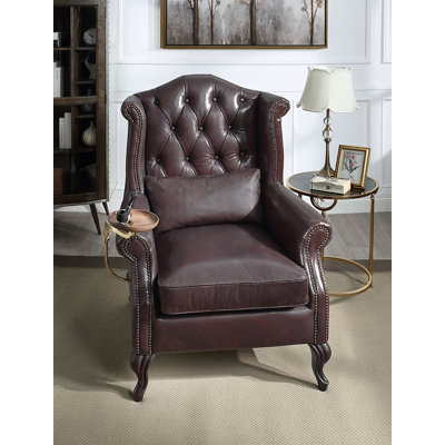 Fauteuil d'appoint en cuir fleur brun rétro Pino avec 1 coussin décoratif