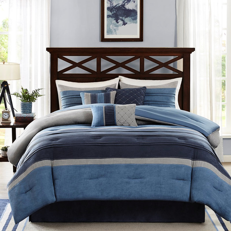 7 Piece Microsuede Bedding - Navy King Size, , Includes 1 Comforter, 2 Shams Comforter For King, Pieced Suede, 3