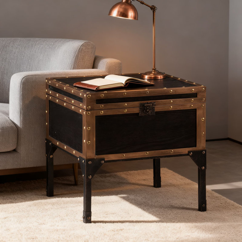 Table de bout avec coffre et rangement relevable avec compartiment fermé, style industriel rétro pour le salon et la chambre à coucher