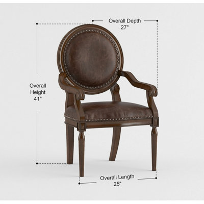 Chaise de bureau formelle avec accoudoirs en cuir synthétique brun foncé et garniture cloutée