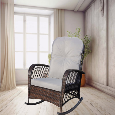 Outdoor Rocking Chair, PE Wicker With Wide Seat, Thick Soft Cushion, Steel Frame, High Weight Capacity