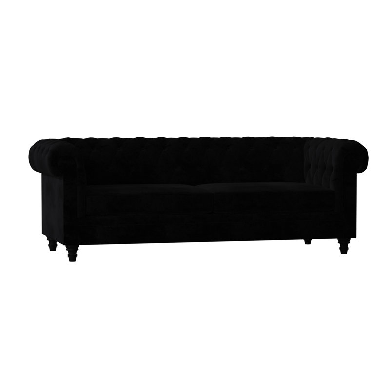 Canapé Chesterfield à accoudoirs roulés, 60 pouces, Velours noir, Noir