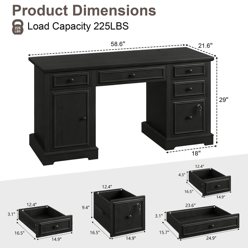 Bureau de ferme rustique 59 pouces | Station de charge + classeur verrouillable et rangement à tiroirs multiples, Black/Black