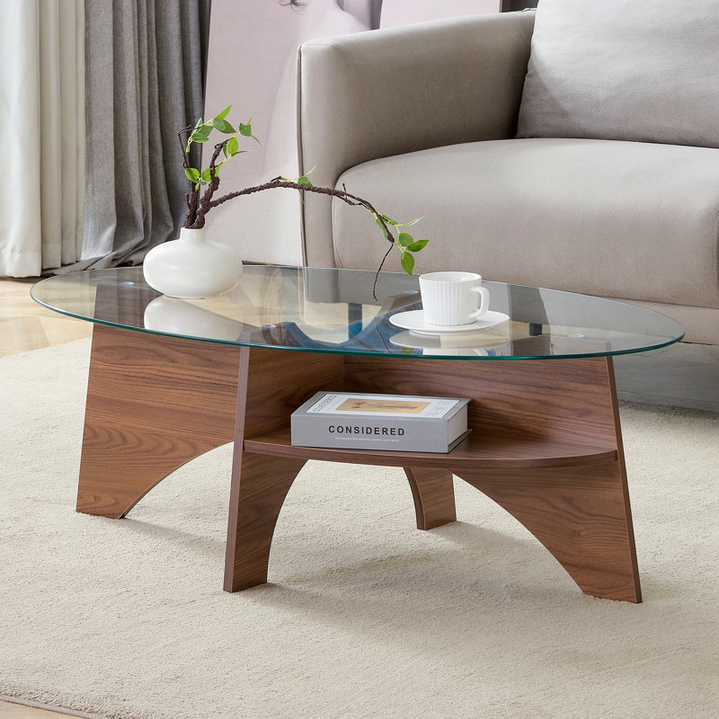 Table basse ovale en verre trempé, Noyer