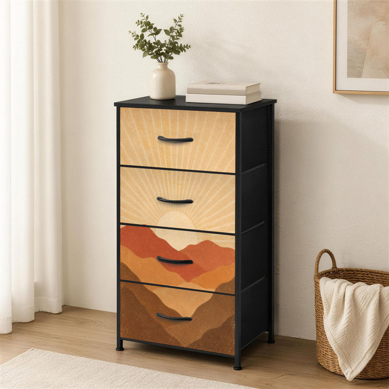 Commode à 4 tiroirs pour chambre à coucher Esthétique contemporaine abstraite paysage coucher de soleil tons de terre Petite commode à vêtements haute pour organisateurs de placard avec commode