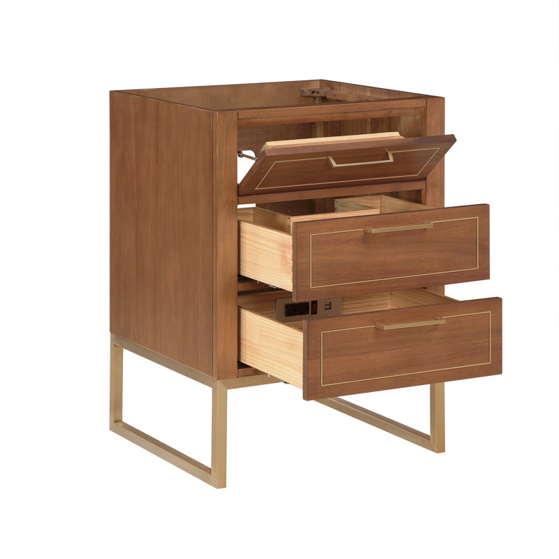 Markham 24'' W Single Vanity, White Quartz, Satin Brass, Walnut