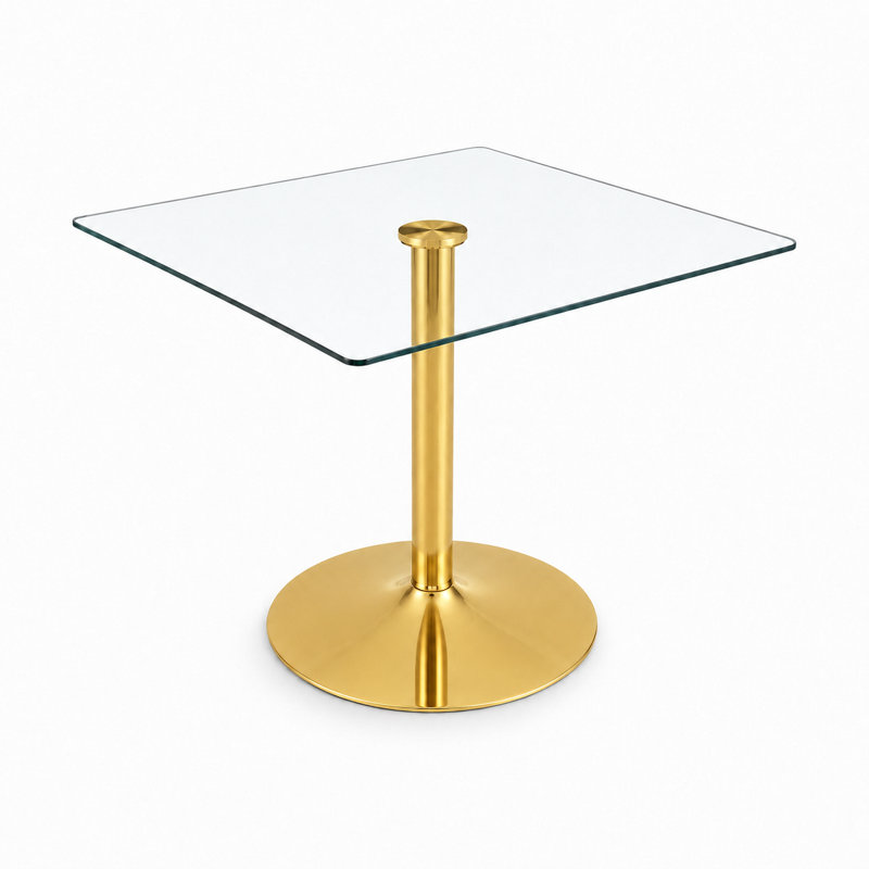 Table de salle à manger moderne carrée en verre avec base à une colonne pour 2 à 4 personnes, Gold