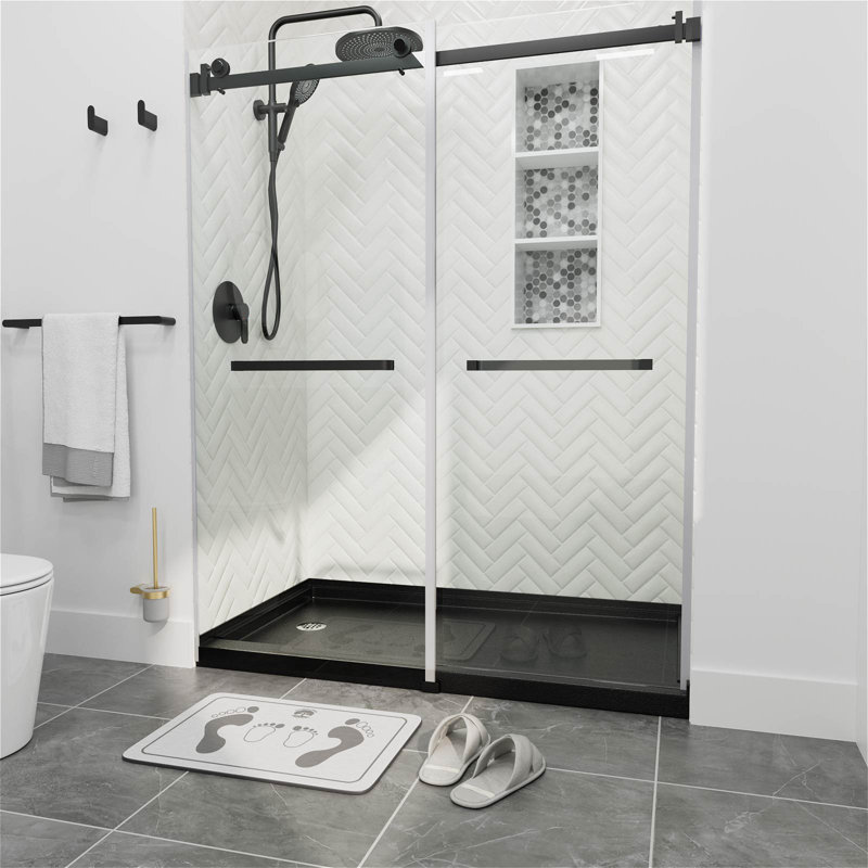 Base de douche à surface solide l 60 po x P 32 po, avec ensemble de drain et couvercle de drain, conception texturée antidérapante à seuil simple