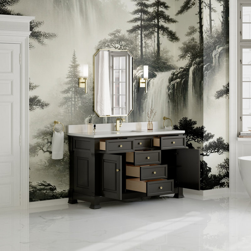 Brookfield Single Vanity, White Zeus, Single Hole, Black Onyx