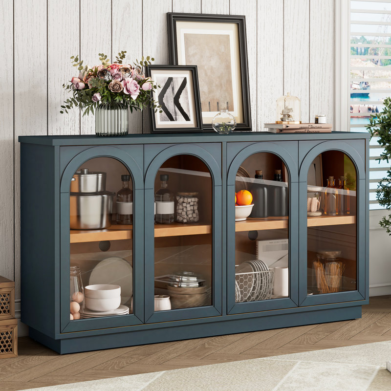Buffet de rangement - Bleu marine. 4 portes avec portes en verre. Tablettes réglables pour le salon. . Living. Conception élégante. Trou de câble