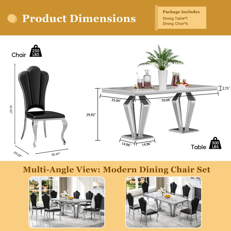 7-Piece Dining Table Set with Marble Veneer Tabletop and PU Leather Chairs – Modern Dining Room Furniture, Seats 6