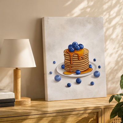 Toile, une illustration fantaisiste et vibrante de crêpes empilées avec de l'art mural doré, sirop garni de bleuets juteux
