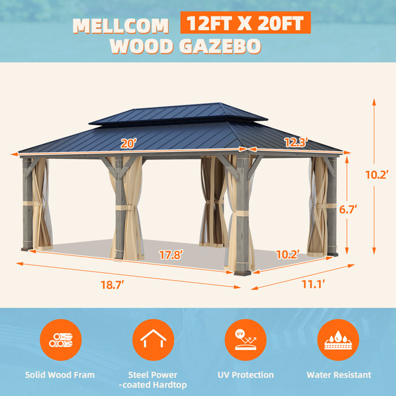 Cedar and Metal Hardtop Outdoor Gazebo with Curtains, 12' x 20'