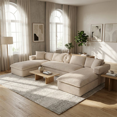 149-inch Extra-Large Modular Sofa, Corduroy U-Shaped Sofa, Deep Seat Design, 7-in-1 Modular Sofa, with Side Storage Pockets, Adjustable Armrests, 4 Back Cushions, No Assembly Required