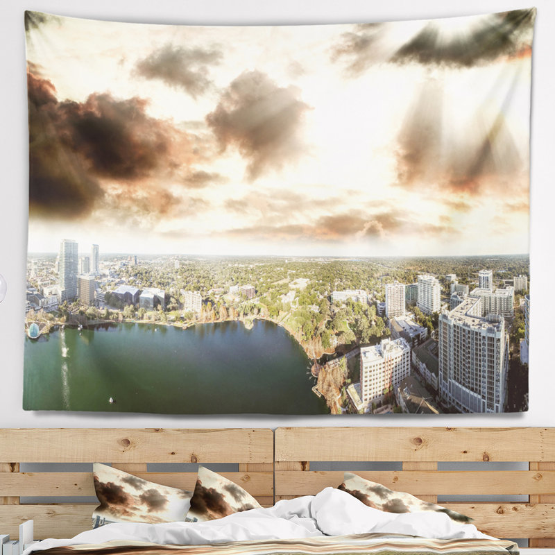 Tapisserie aérien seascape coucher de soleil, H 32 po x l 39 po