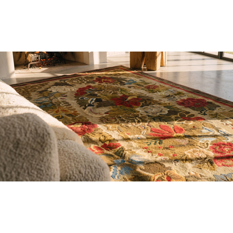 Antique Floral Medallion Wool &amp; Cotton Hooked - Loop Pile Ivory Beige Cream White 1880s Rug